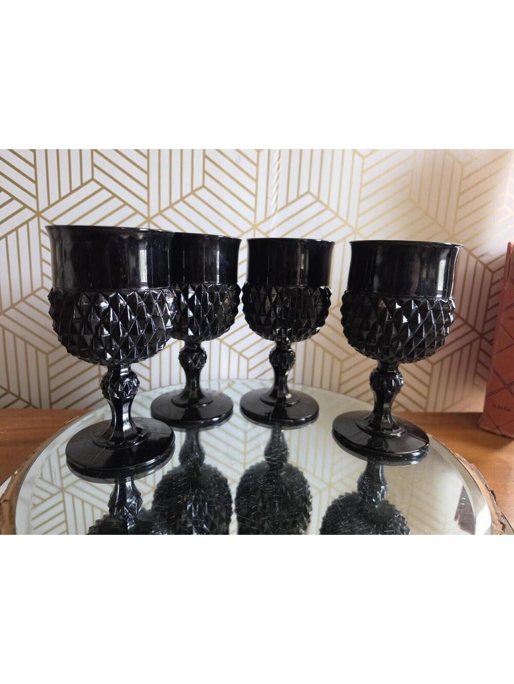 Vintage Tiara Black Amethyst Glass 4 Goblets Diamond Point Pattern 7"